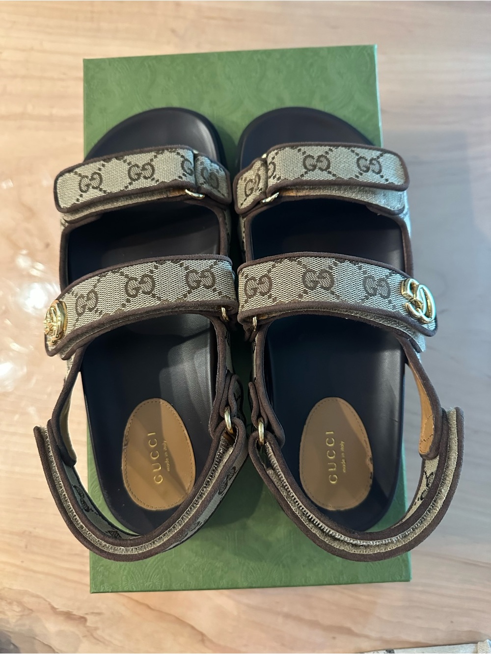 Gucci Brown Beige GG Canvas Double-Strap Logo Sandals EU 10 - Picture 7 of 11
